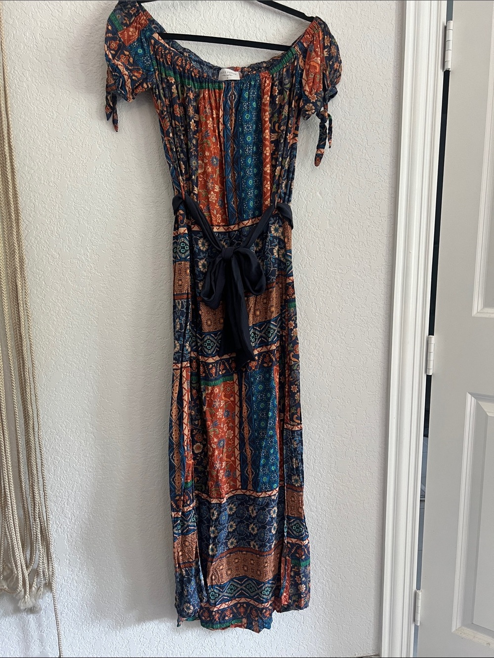 Dress Forum Printed Off-Shoulder Maxi Dress in Navy & Rust - Picture 1 of 3